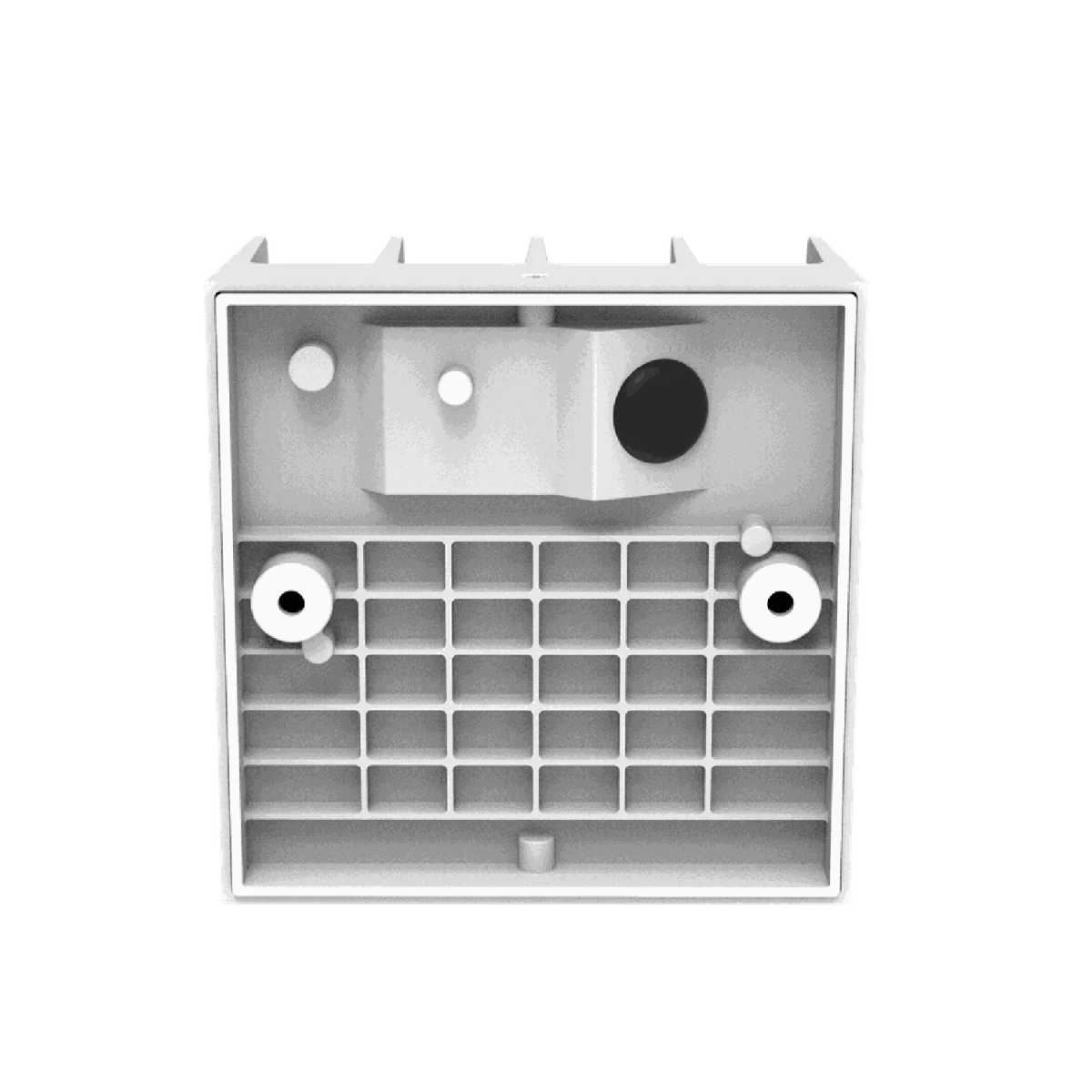 White plastic component with circular holes on a white background