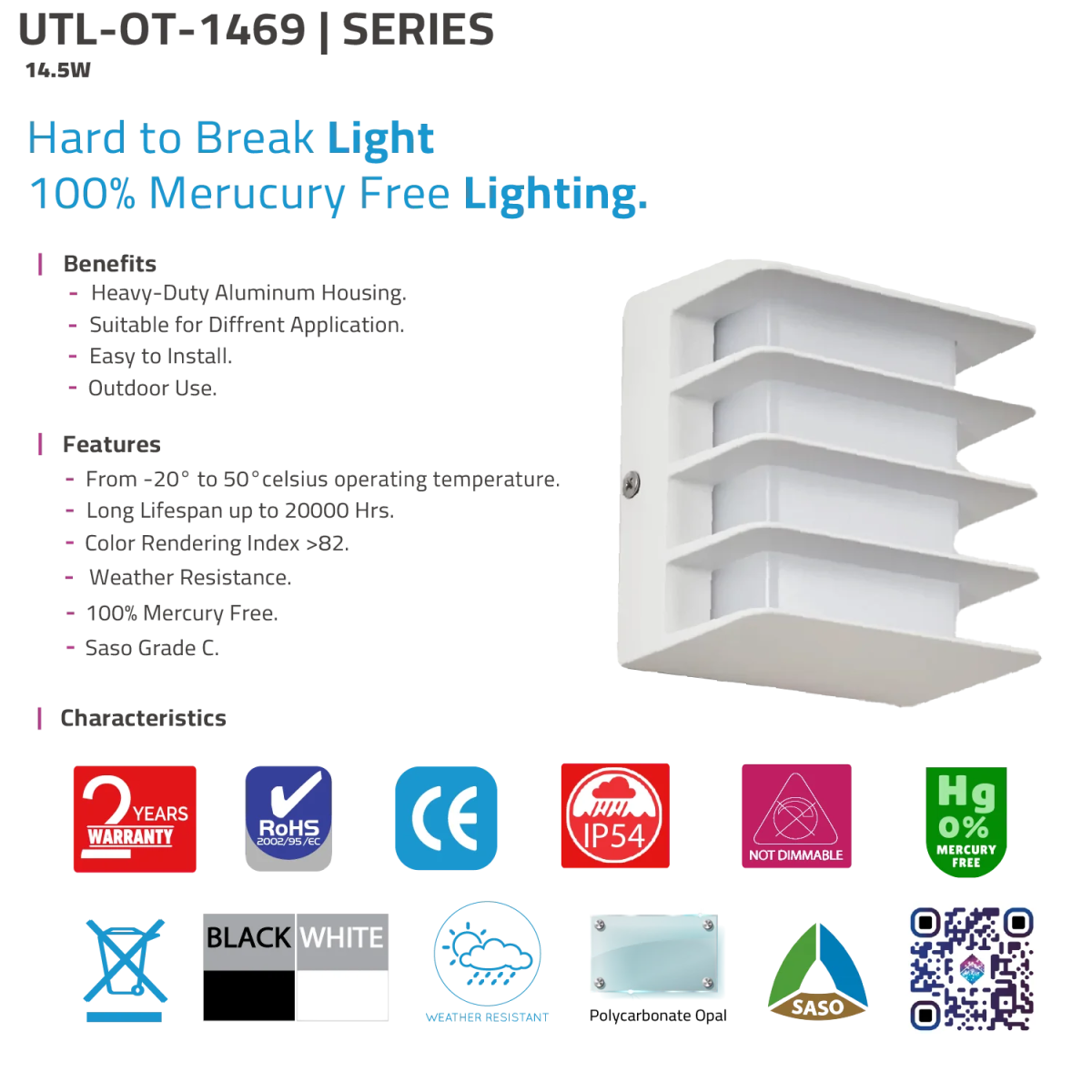 LED light bulb with features and specifications on a white background
