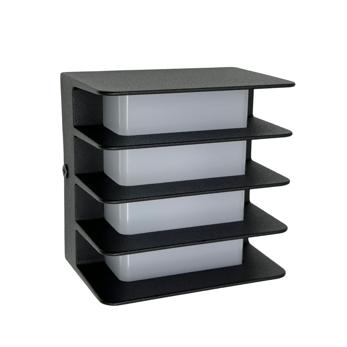 Stack of black shelves with white boxes on a white background