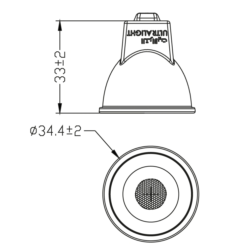 Technical drawing of a light fixture with dimensions labeled