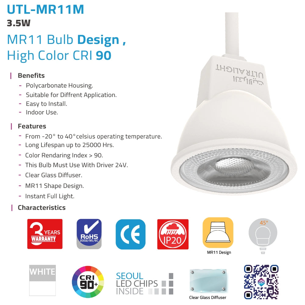 LED light bulb with specifications and features on a white background