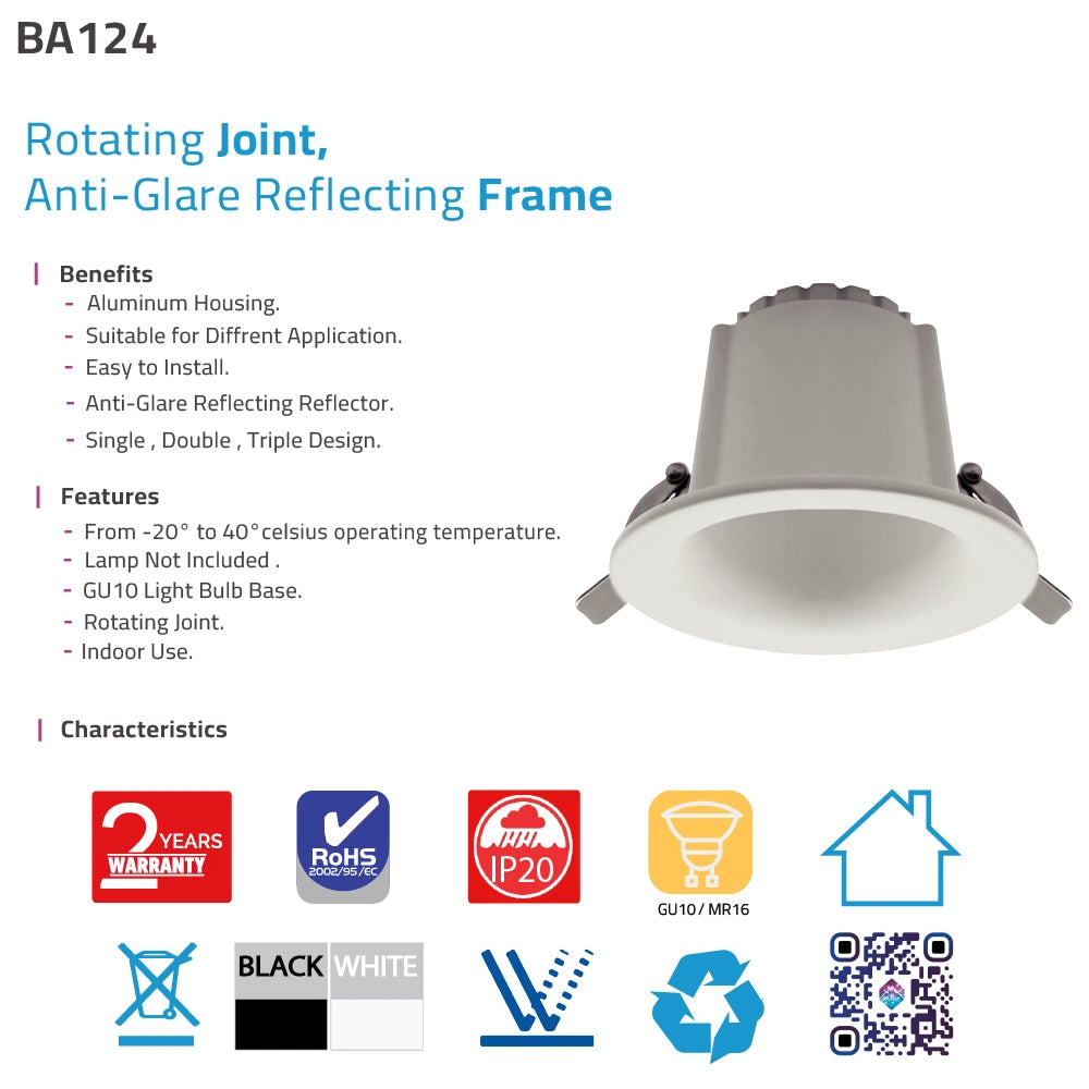 A product information graphic for a BA124 GU10 LED light base with a rotating joint and anti-glare reflecting frame. The image features a photo of the gray and white light base on the right, accompanied by text detailing its benefits and features on the left, and various certification and feature icons along the bottom.
