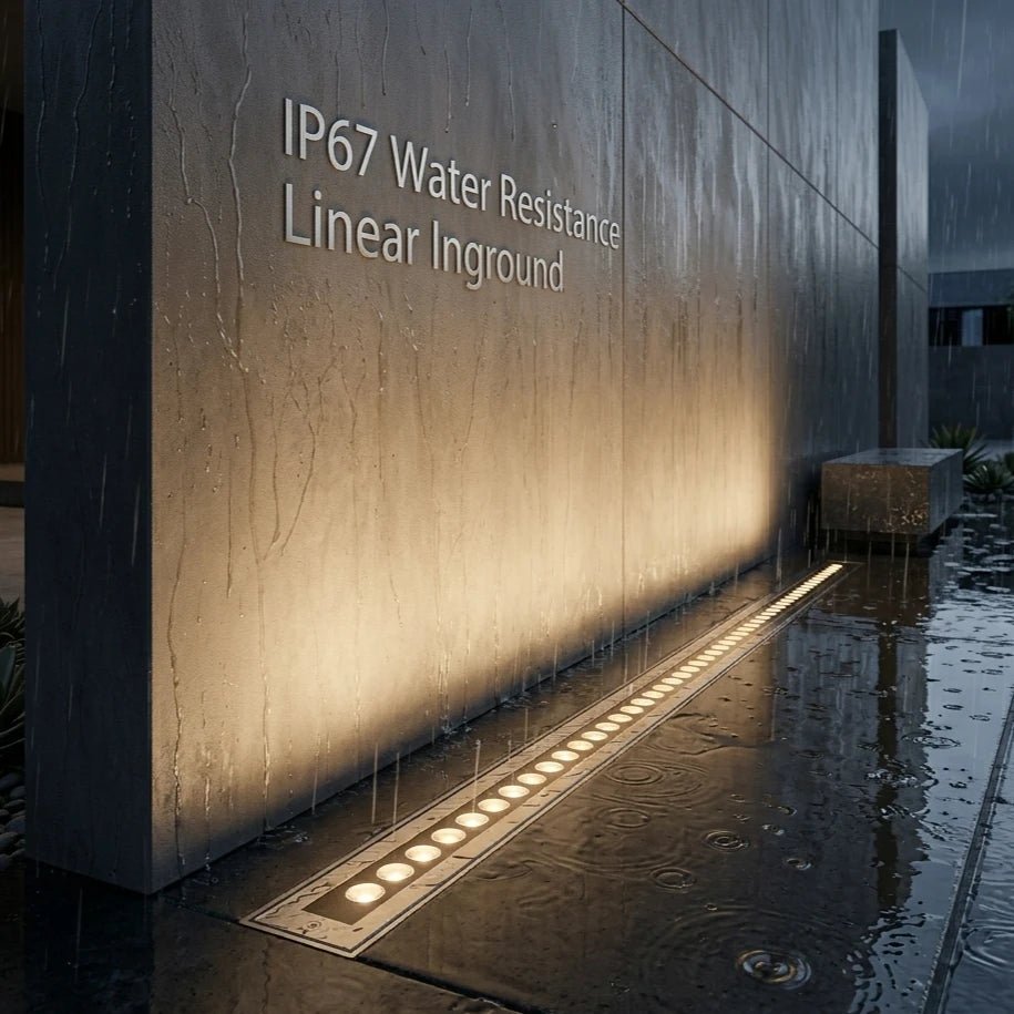 Waterproof linear inground light fixture on a wet pavement with 'IP67 Water Resistance Linear Inground' text.