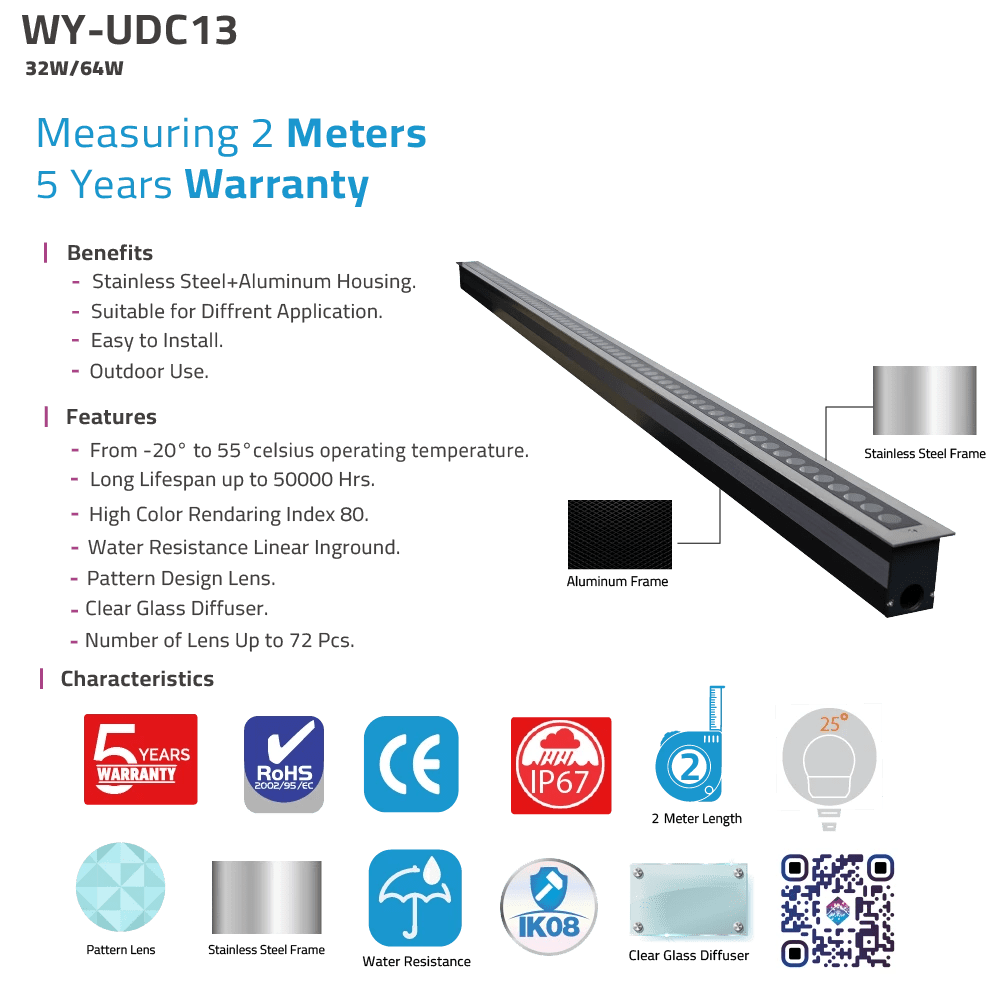 LED linear light fixture with specifications and features on a white background
