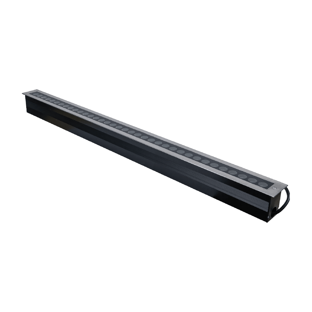 Black linear light fixture on a white background