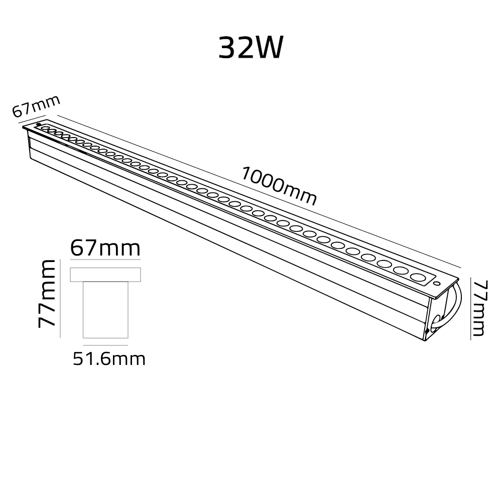 Technical drawing of a 32W LED linear light fixture with dimensions.