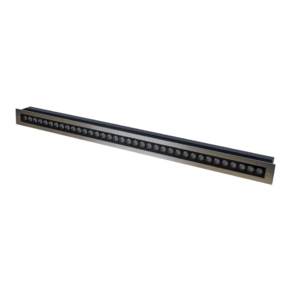 Linear array of small round lights on a white background