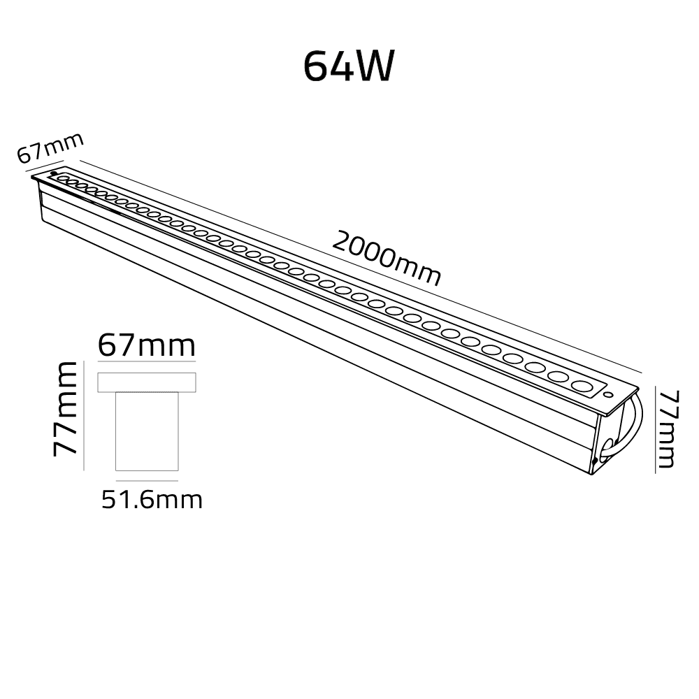 Technical drawing of a linear light fixture with dimensions on a white background