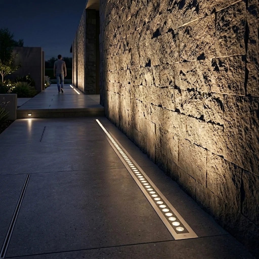 Modern outdoor pathway with stone wall and embedded lights at night