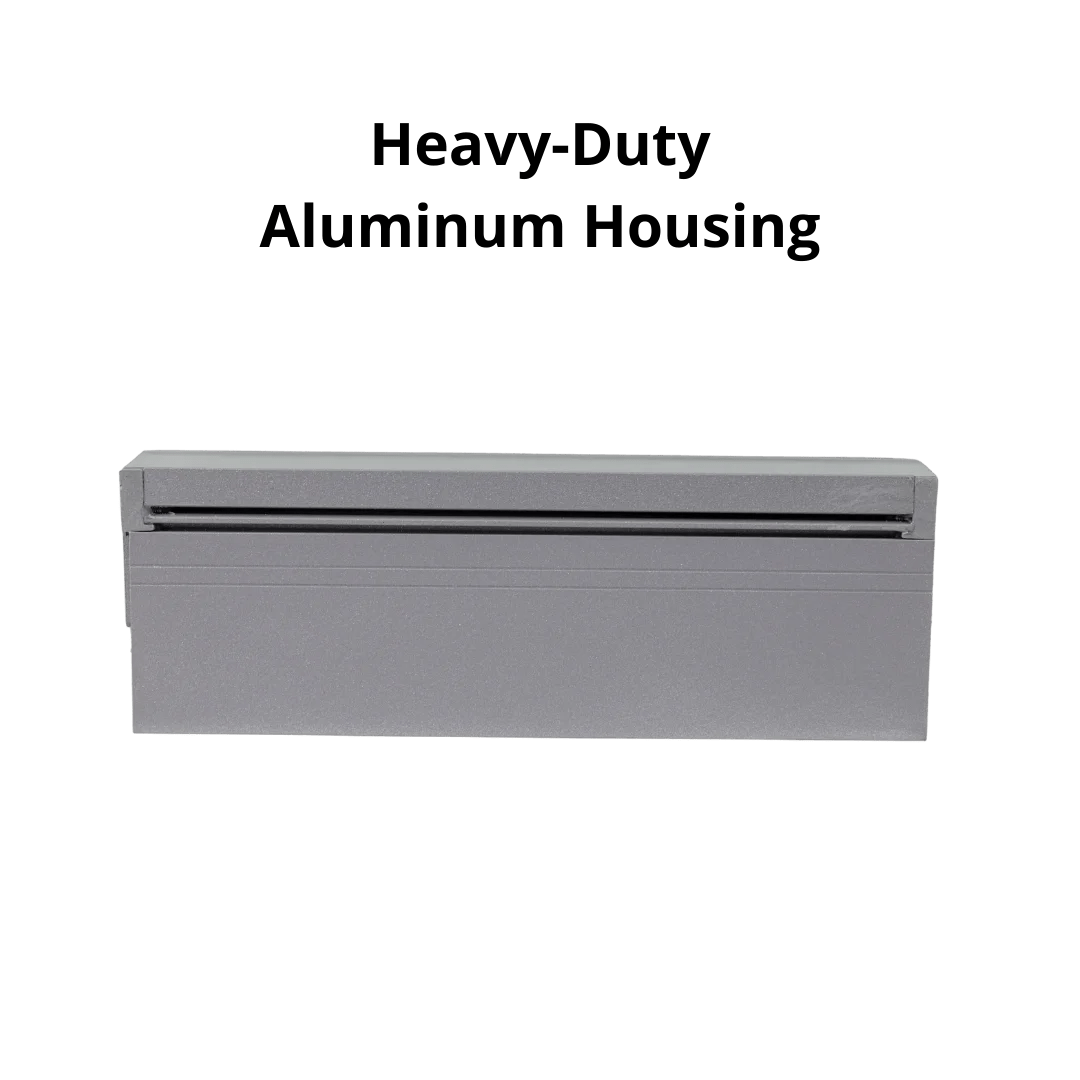 Gray air conditioning unit with 'Heavy-Duty Aluminum Housing' text on a green background