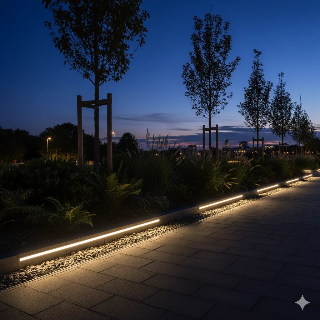 Evening garden scene with illuminated pathway and trees