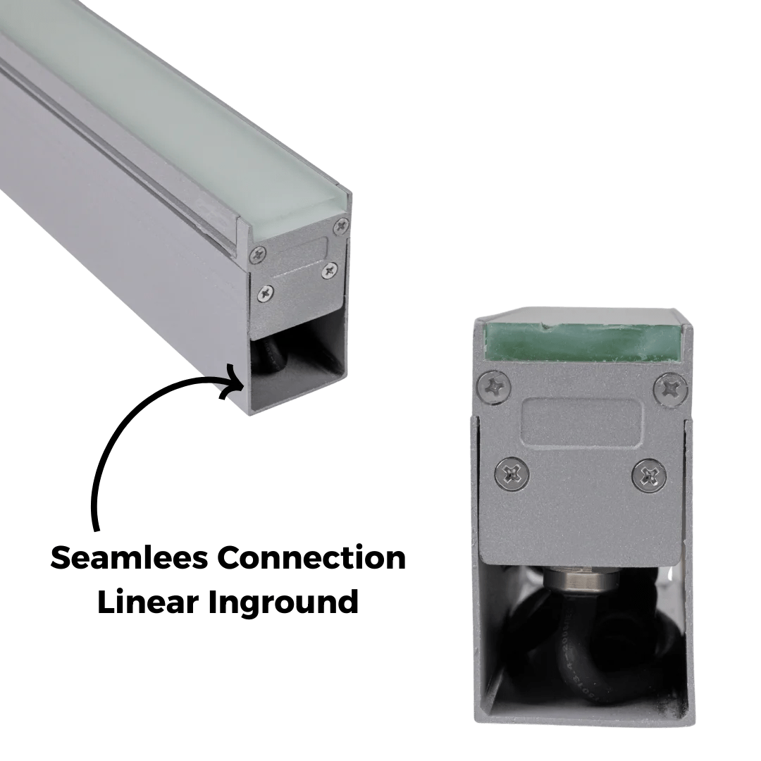 Two sections of linear inground lighting with a seamless connection feature on a green background.