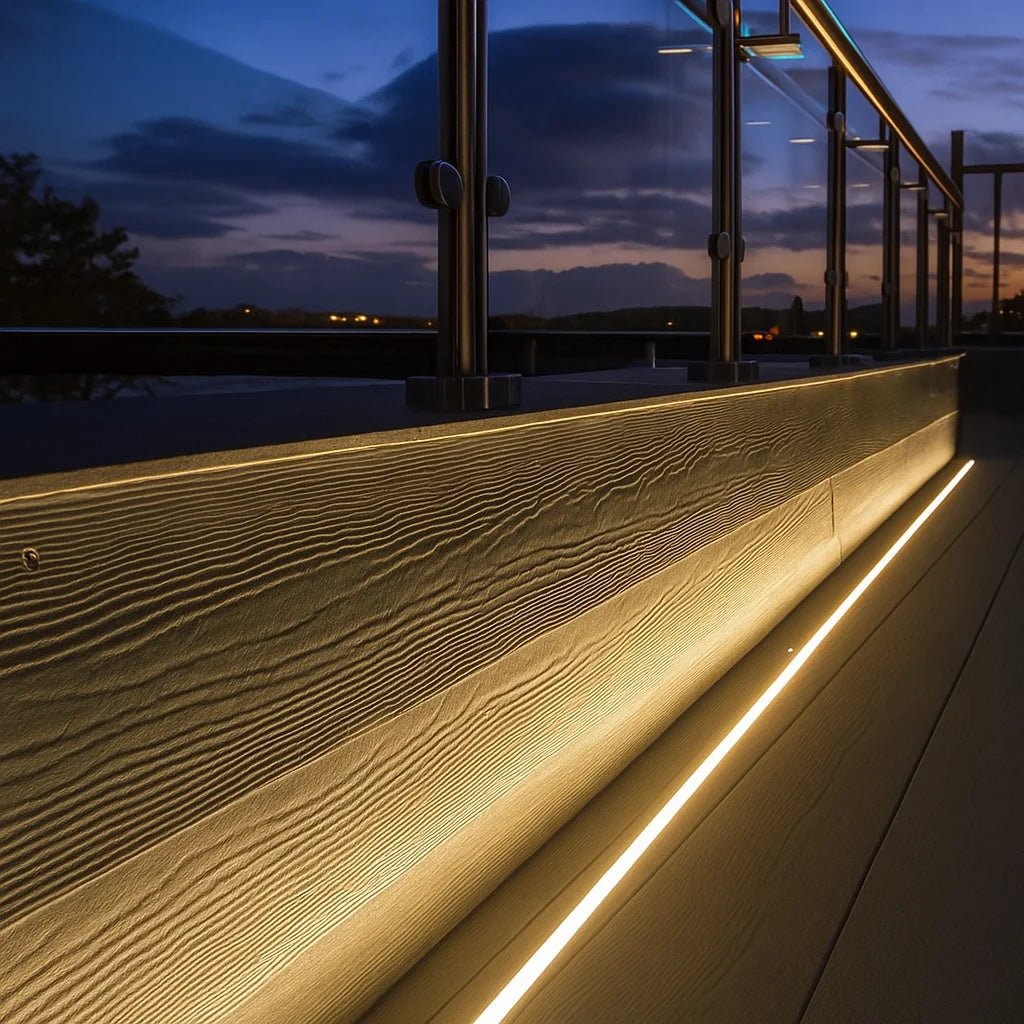 Wooden deck with embedded lighting at dusk