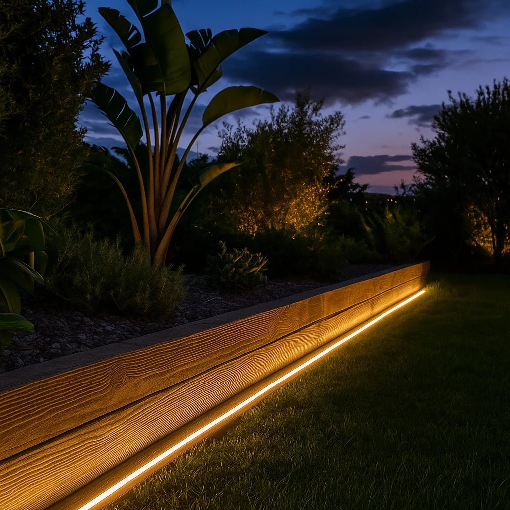 Garden pathway with illuminated LED strip lights at night