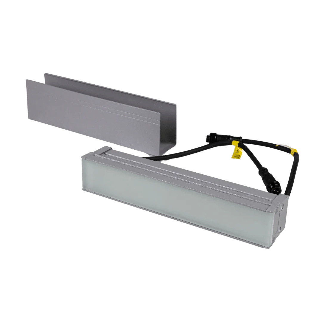 Rectangular metal light fixture with a cover on a transparent background