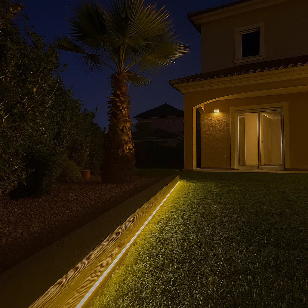 Outdoor garden with a palm tree and house at night, illuminated by a strip light on the ground.