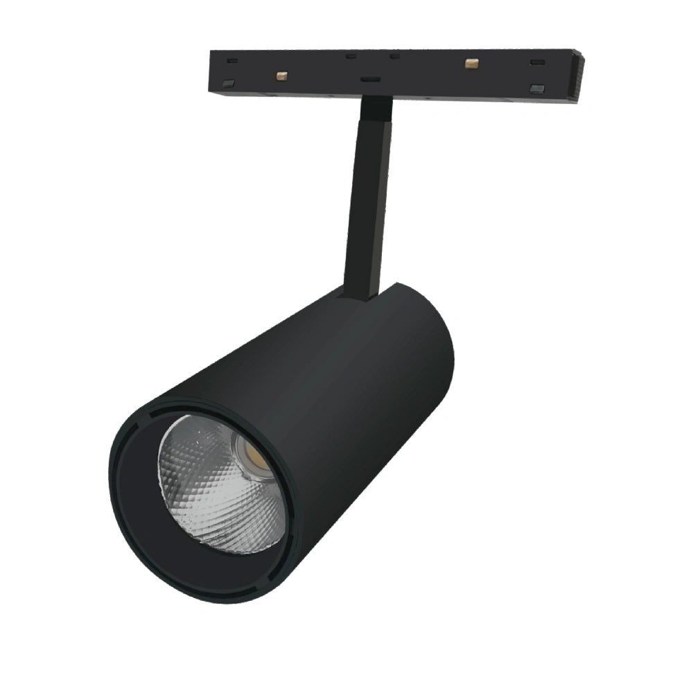 Black track light fixture on a white background