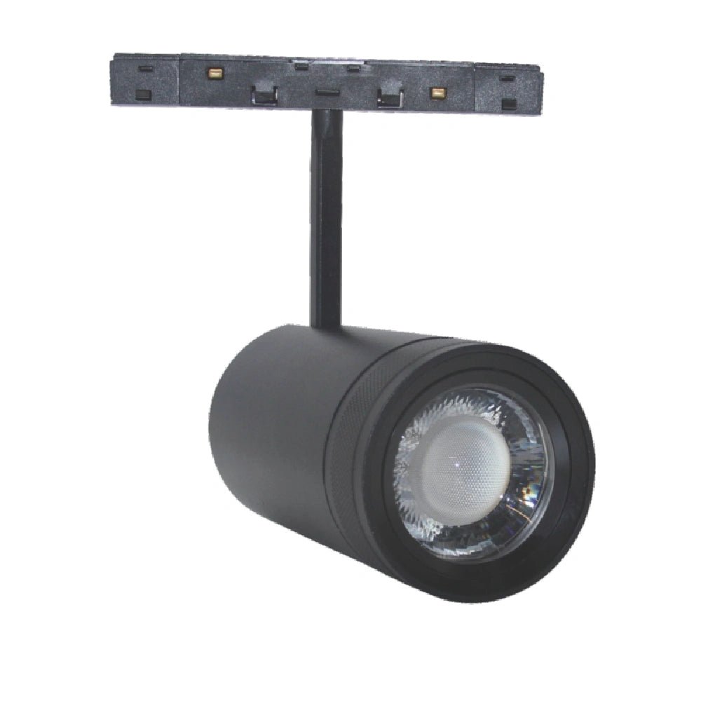 Black track light fixture on a white background