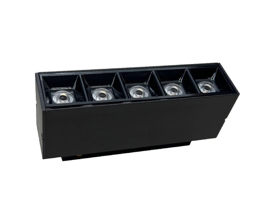 Black rectangular light fixture with five circular lights on a white background