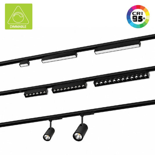 Track lighting fixtures with CRI 95+ and dimmable indicators on a white background
