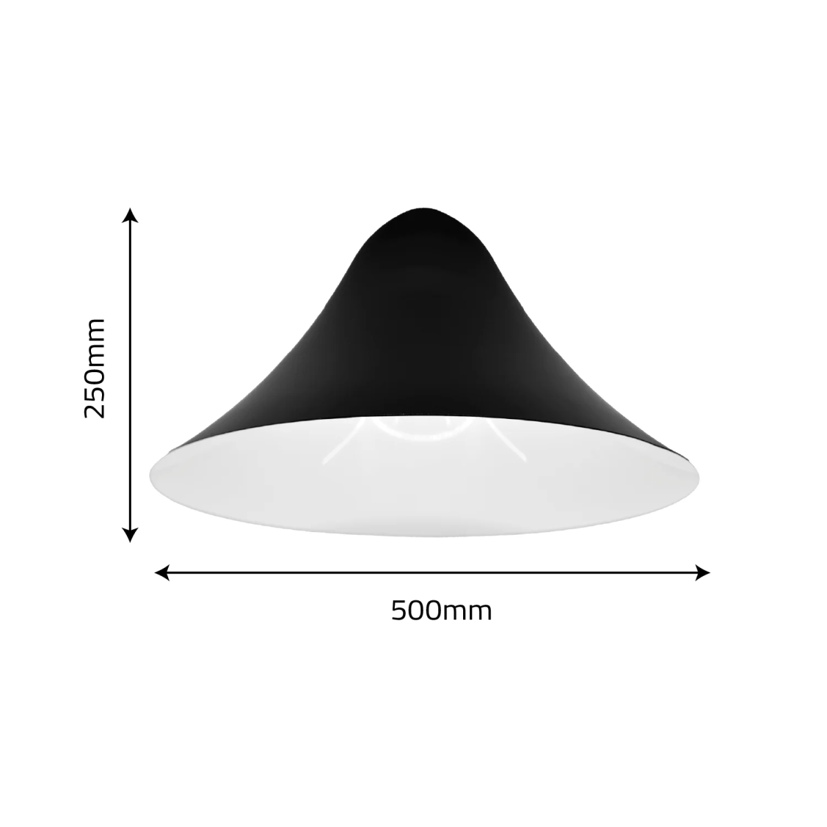 Black pendant light with measurements on a white background
