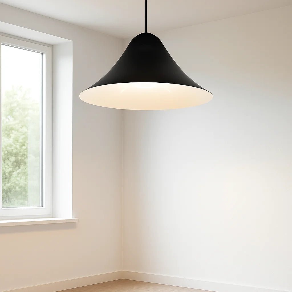 Black pendant light hanging in a room with a window