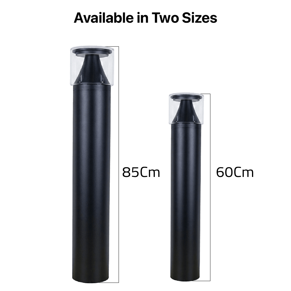Two black cylindrical objects with measurements on a white background