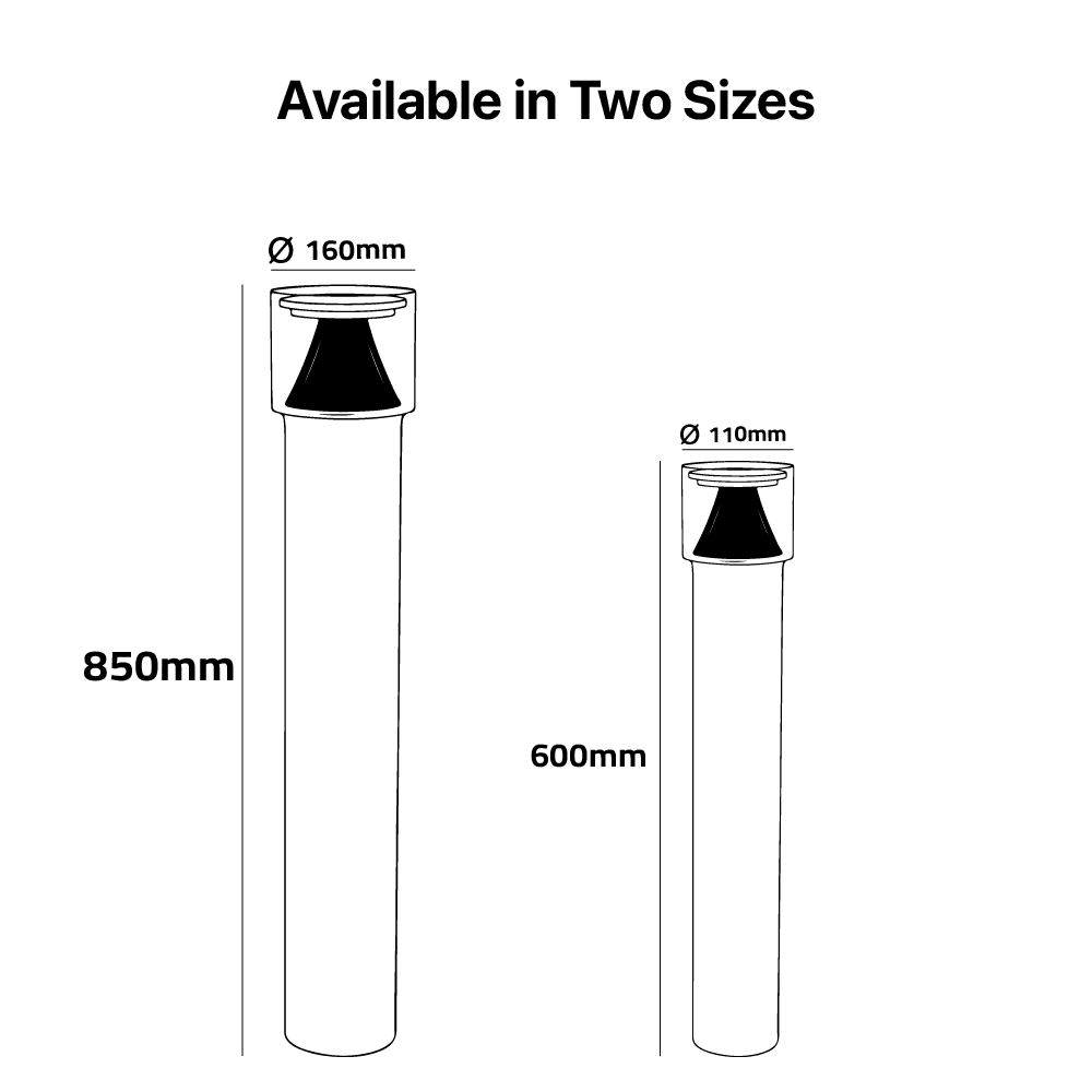 Two cylindrical objects with dimensions labeled, indicating they are available in two sizes.