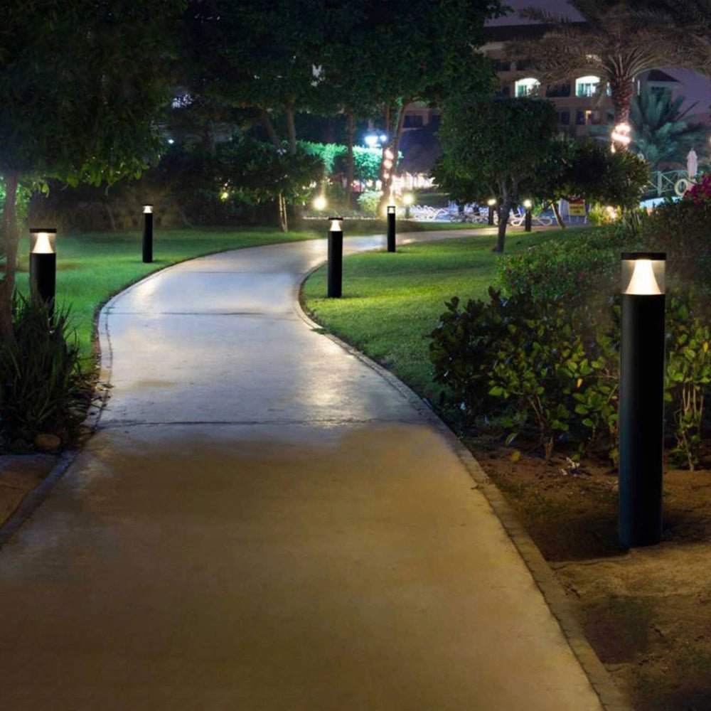Paved pathway in a park illuminated by路灯 at night