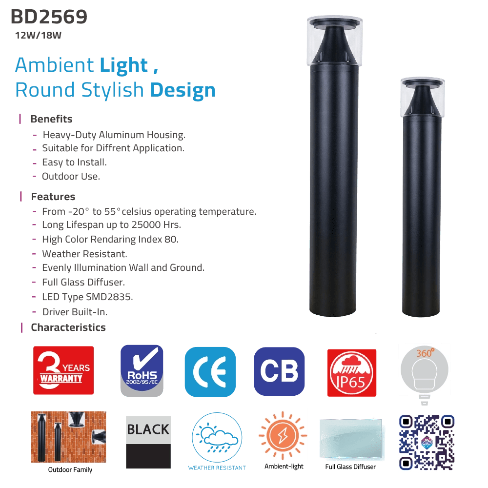 Black cylindrical light fixture with specifications and certifications on a white background