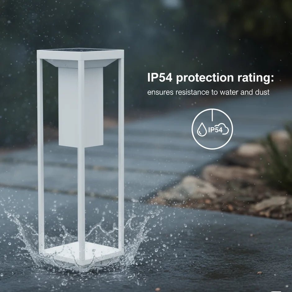 Outdoor light fixture with water splashing around it, featuring IP54 protection rating text.