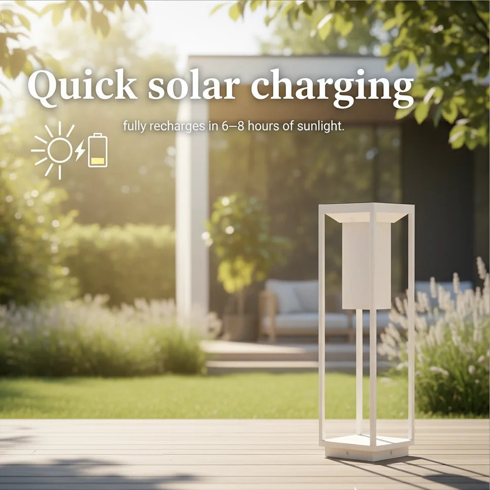 Solar lamp on a patio with text about quick solar charging