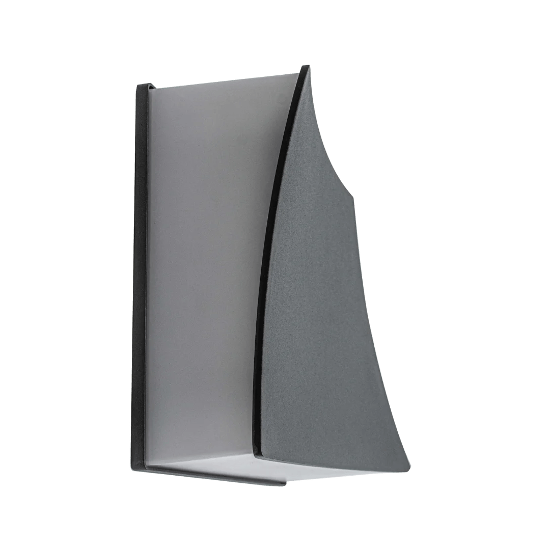 Modern wall-mounted light fixture with a black frame and gray glass on a white background