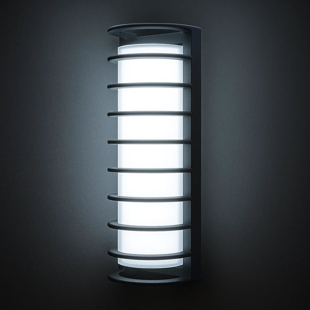 Modern wall-mounted outdoor light fixture on a dark background