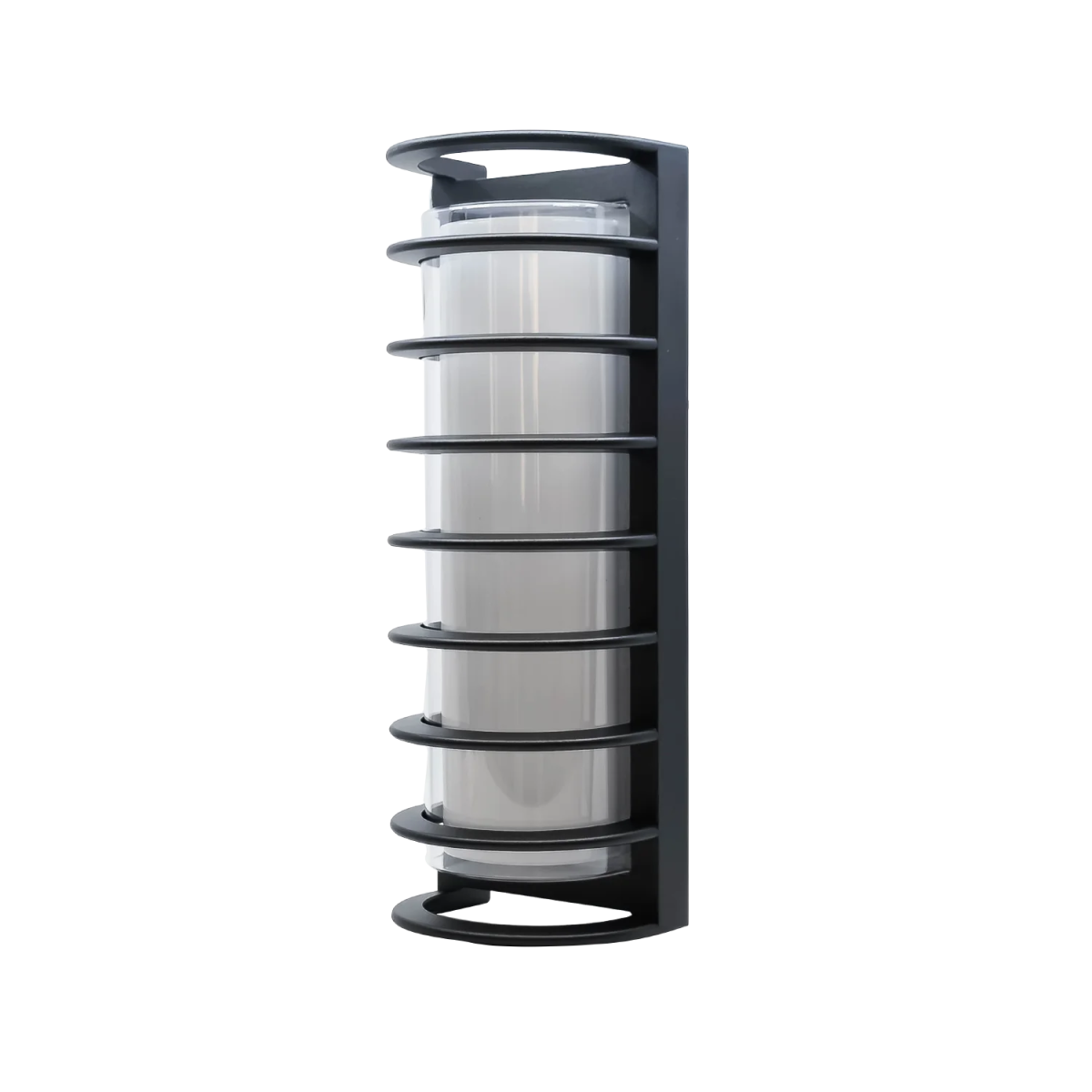 Black cylindrical shelf with multiple compartments on a white background