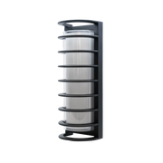 Black cylindrical shelf with multiple compartments on a white background