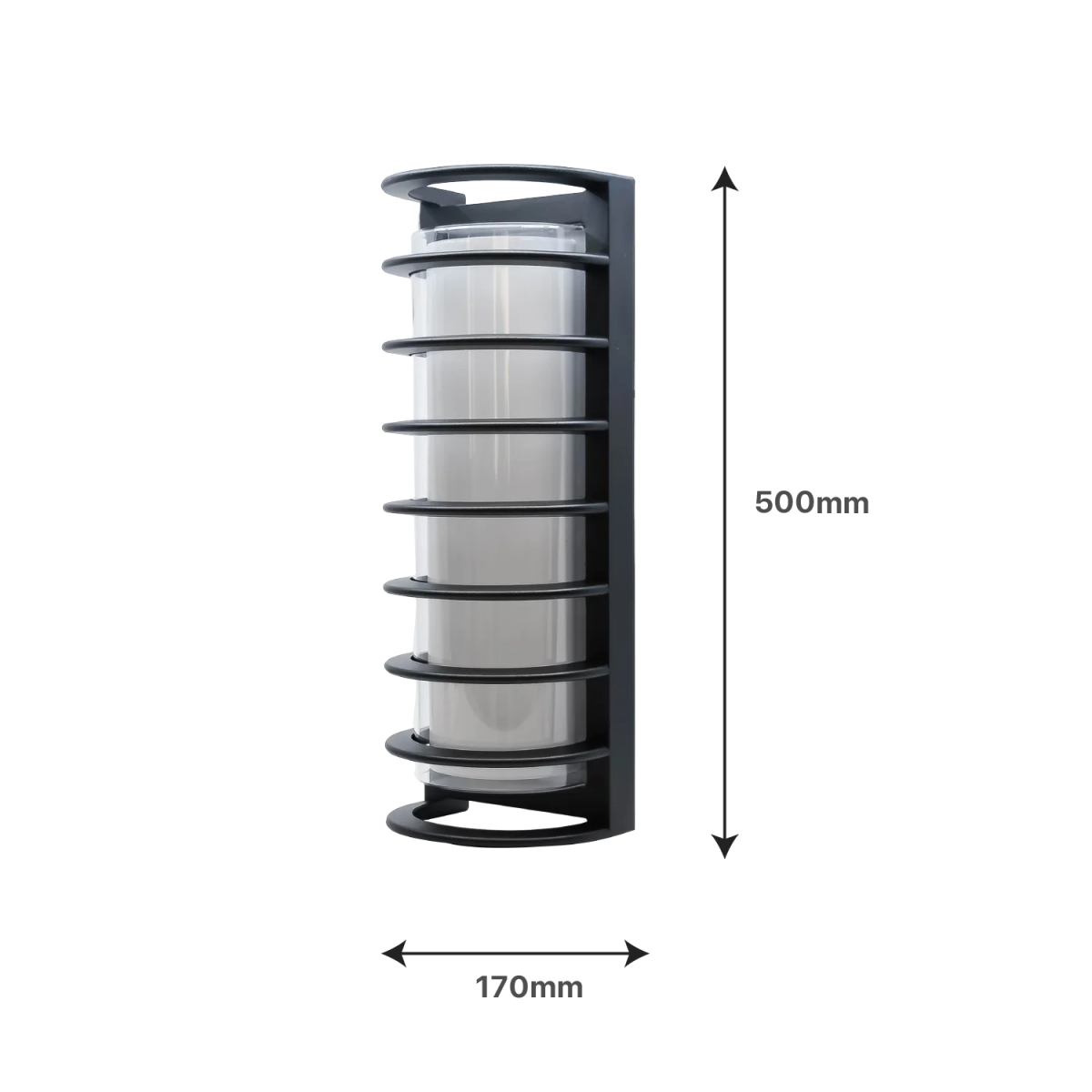 Black cylindrical product with mesh compartments and dimensions on a white background