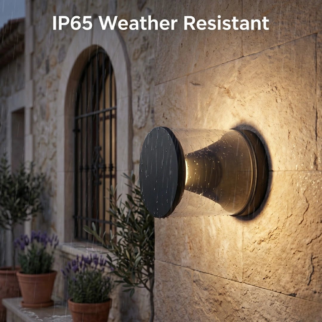 Weather-resistant outdoor light fixture on a stone wall with 'IP65 Weather Resistant' text.