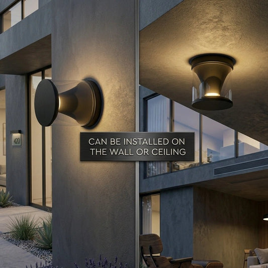 Modern outdoor wall light fixture with text indicating installation options.