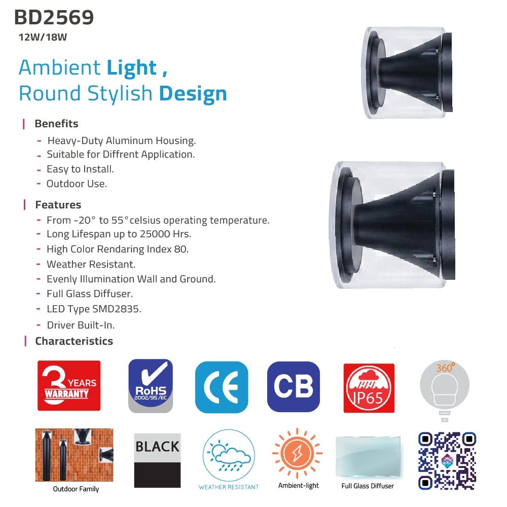 Product details of a round outdoor light fixture with specifications and certifications on a white background.