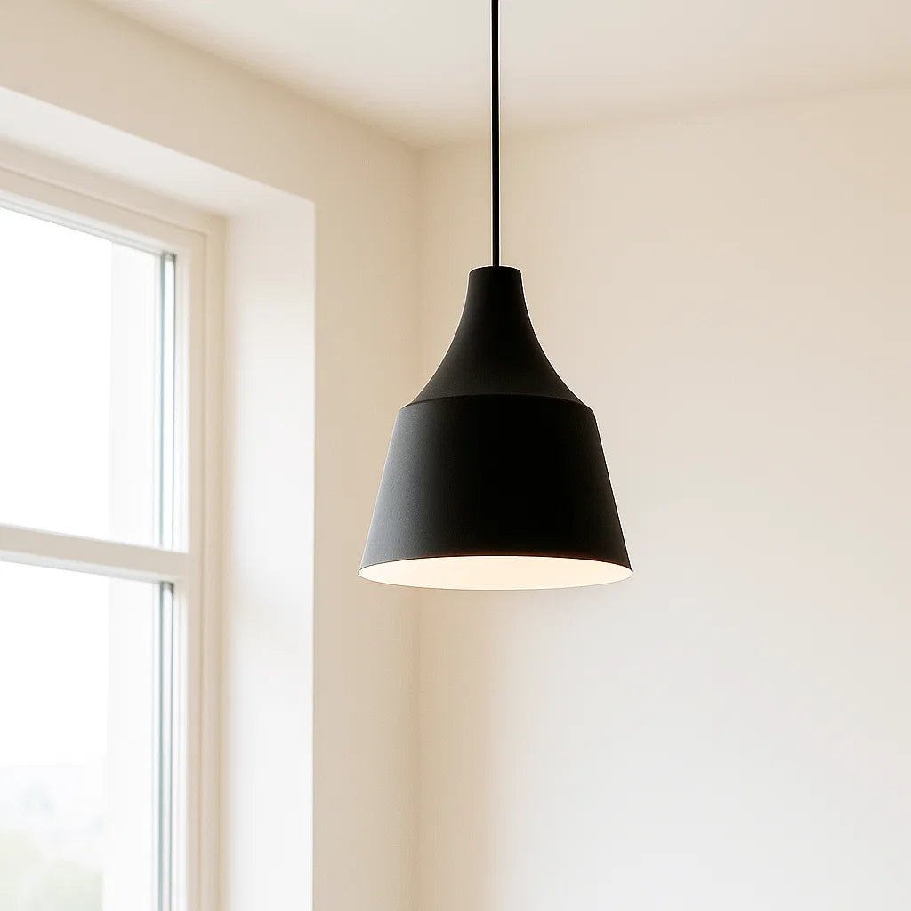 Black pendant light hanging in a room with a window