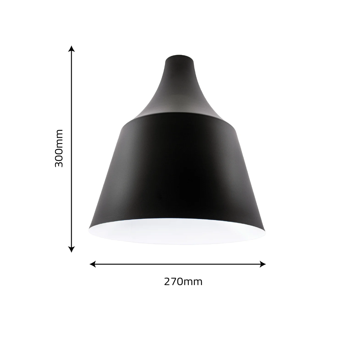 Black pendant light with measurements on a white background