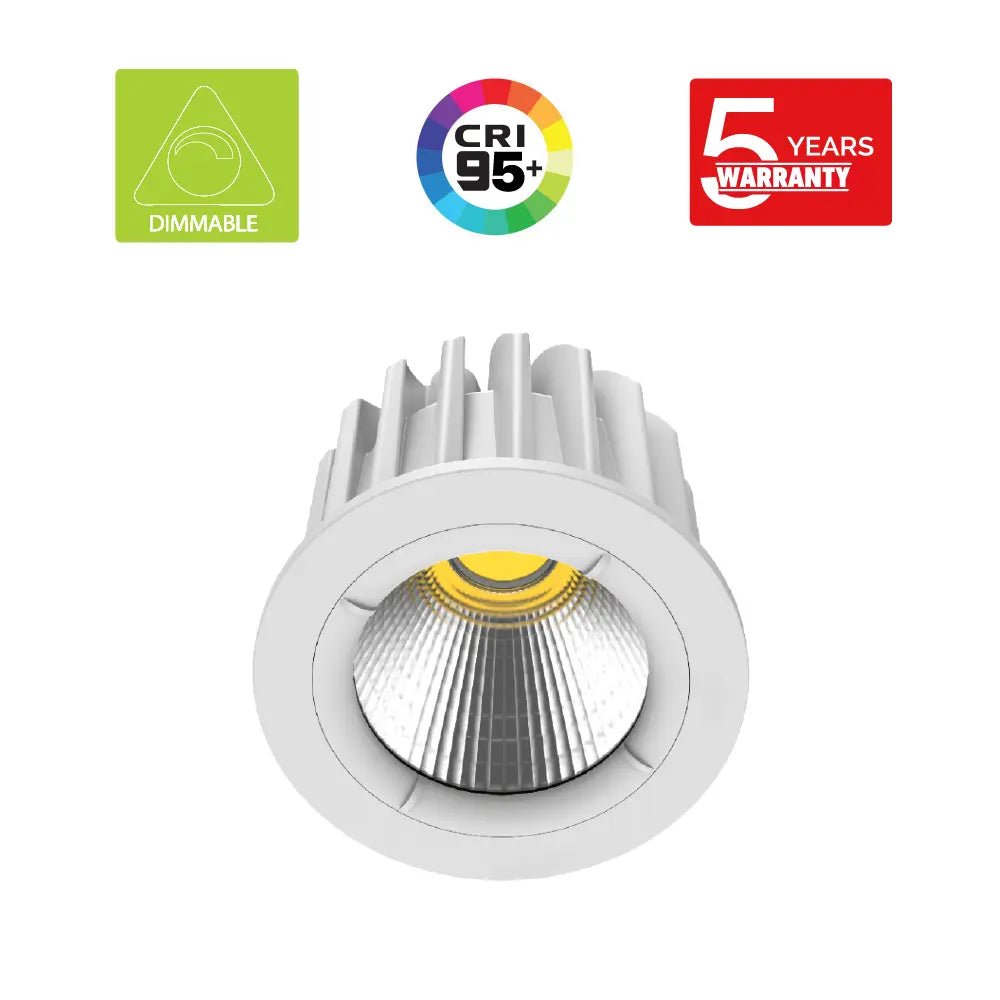 LED downlight with certifications on a white background