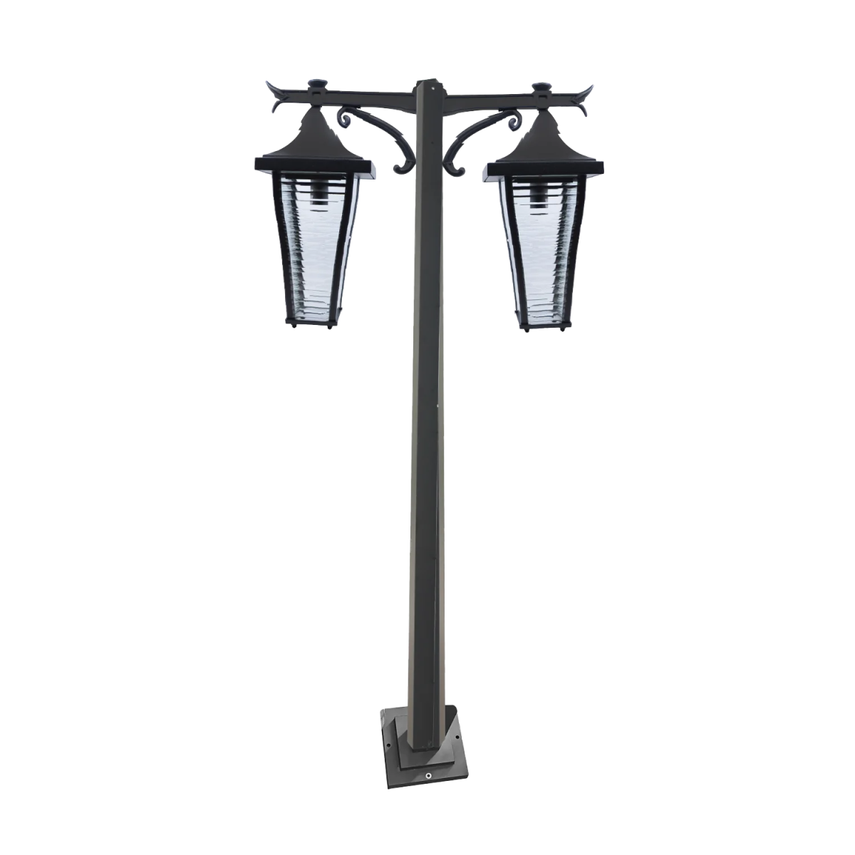 Black outdoor lamp post with two lantern-style lights on a white background