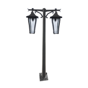 Black outdoor lamp post with two lantern-style lights on a white background