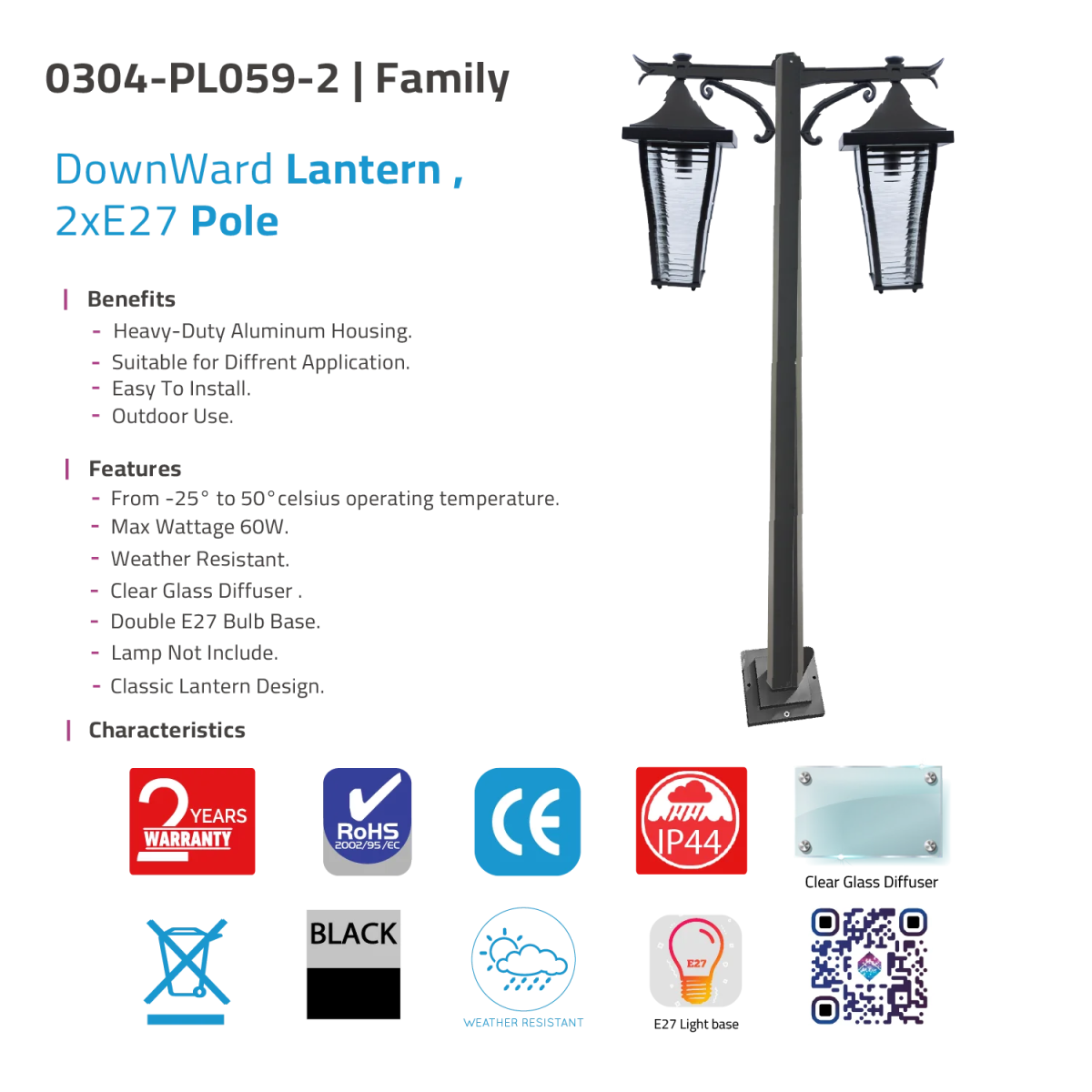 Downward lantern with 2xE27 pole on a white background with product details and certifications.