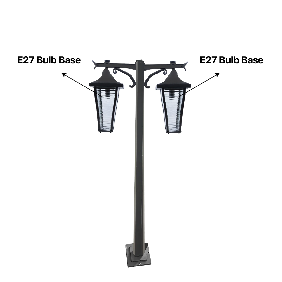 Black outdoor lamp post with E27 bulb base labels on a white background