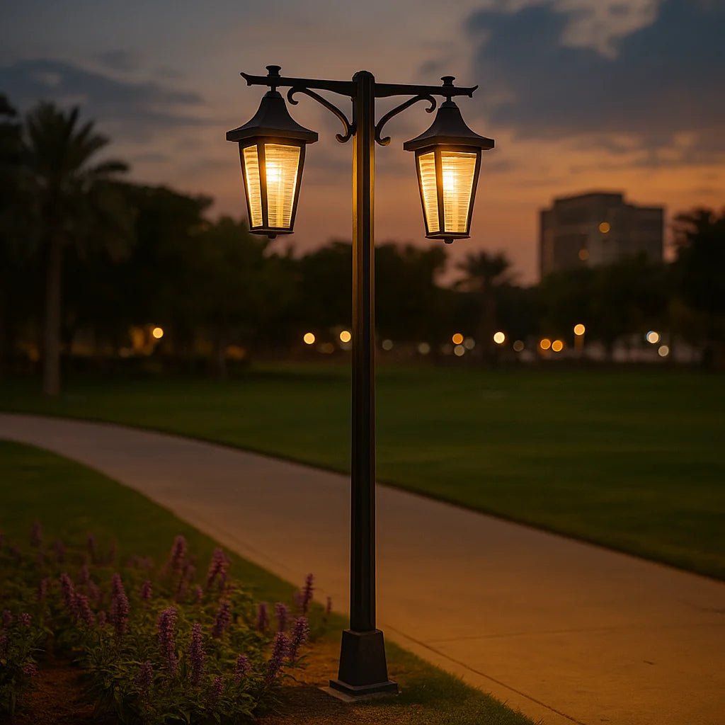 Street lamp with two illuminated lights on a pathway at dusk, with palm trees and buildings in the background.