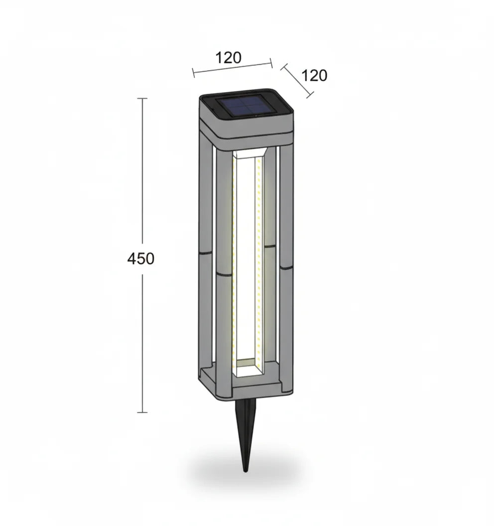 Modern outdoor lamp with text highlighting LED output and beam angle on a dark background