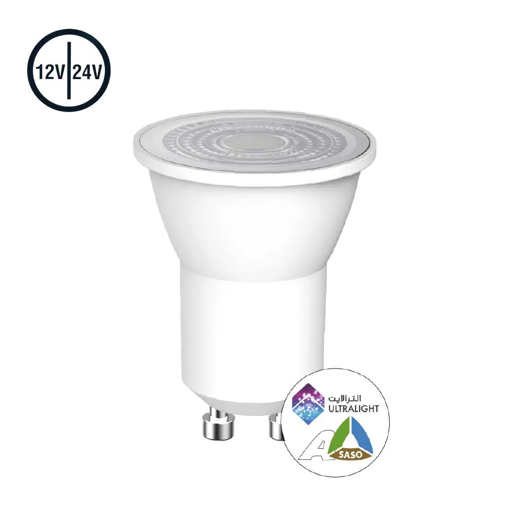 Light bulb with 12V/24V rating and ULTRA LIGHT and SASO logos on a white background